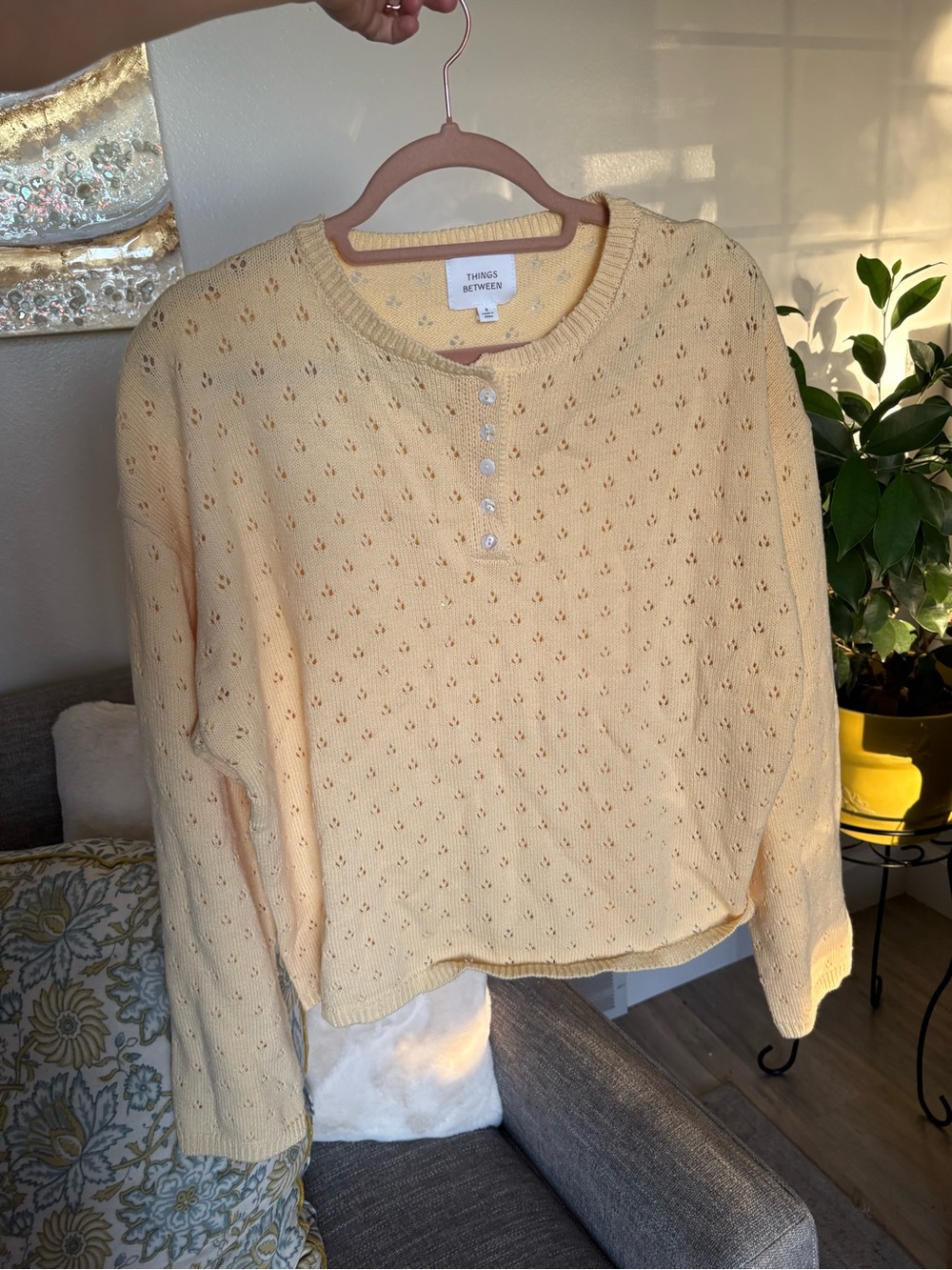 Things Between Pale Yellow Eyelet Henley Sweater